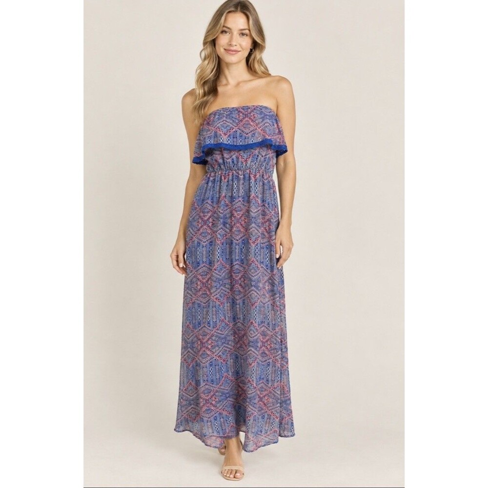 Pink Rose Maxi Dress Medium Strapless Blue Pink Geo Print Ruffle BOHO NEW